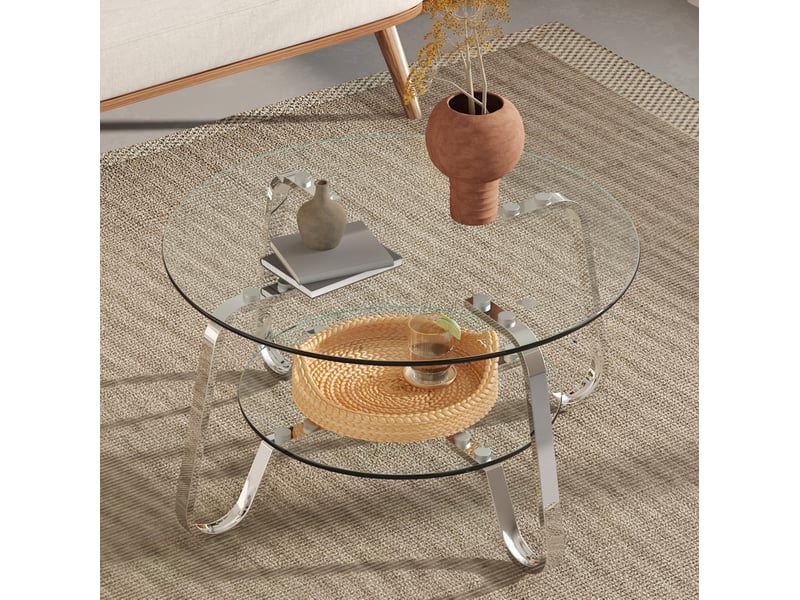  Table basse ronde avec 2 plateaux en verre trempé et structure en métal argenté pour salon, 90,5 × 89 × 10,5 cm  - Conforama C