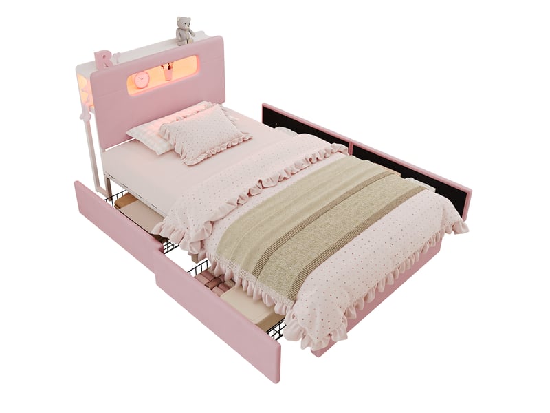  Lit jeune 90x200 cm, lit simple avec 4 tiroirs, tête de lit avec rangement, led, mdf, velours couleur rose, sans matelas  - Conforama A