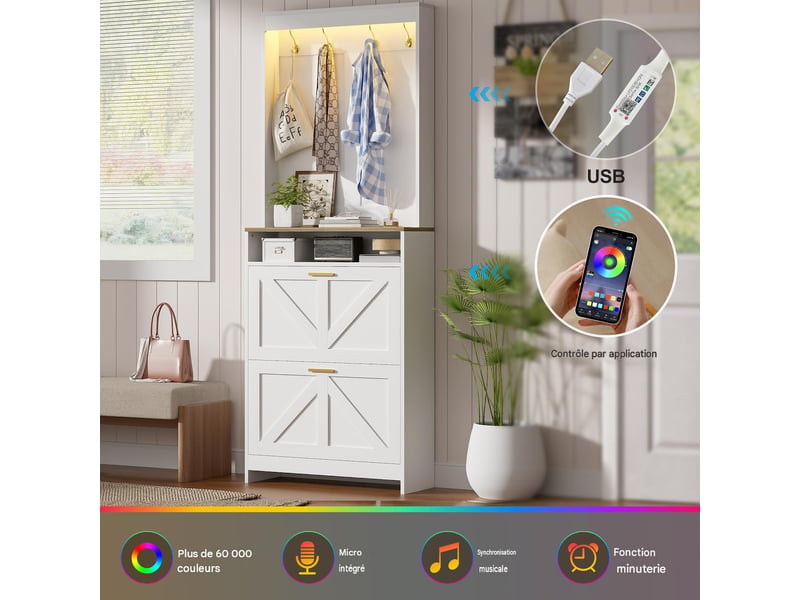  Meuble à chaussures 2 abattants patères led blanc et naturel 70x24x180 cm  - Conforama D