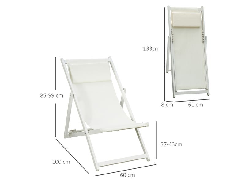  Ensemble de 2 chaises longues pliantes en aluminium avec dossier et appui-tête réglables sur 5 positions, 60 x 100 x 85 cm, blanc  - Conforama D