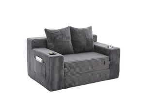 Canapé convertible 2 places 151 x 133 x 64 cm gris en velours côtelé, poches latérales et coussins