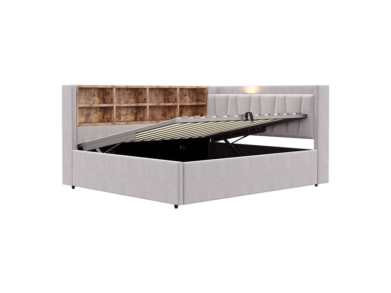  Litcanapé-lit capitonné 140 x 200 cm, avec rangement hydraulique, veilleuse, ports de chargement usb et type-c, étagères et compartiments de rangement, tête de lit capitonnée, lit multifonctionnel en velours gris clair  - Conforama E