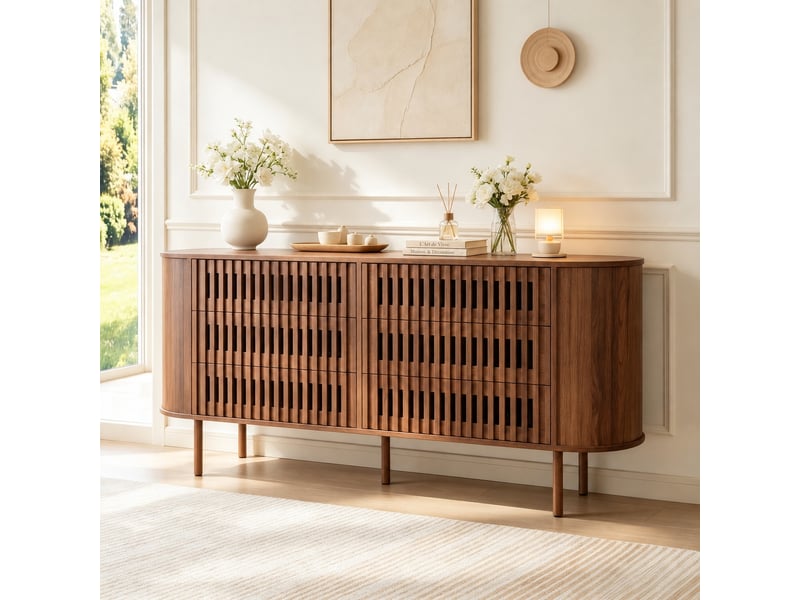  Buffet 160 x 40 x 70 cm à six tiroirs, façade à lames, pieds métal, marron noyer  - Conforama E
