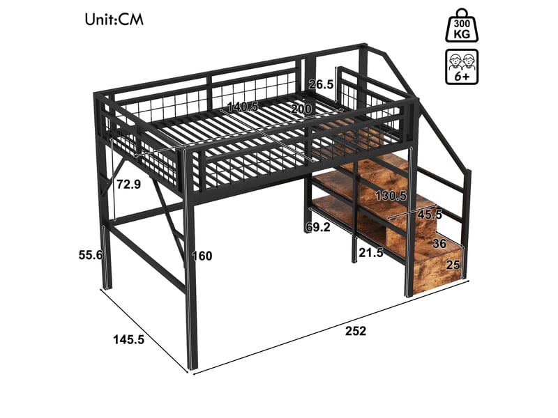  Lit mezzanine 140x200 cm avec led, escalier de rangement, espace libre sous le lit, métal et mdf, noir Sol Morn - Conforama C