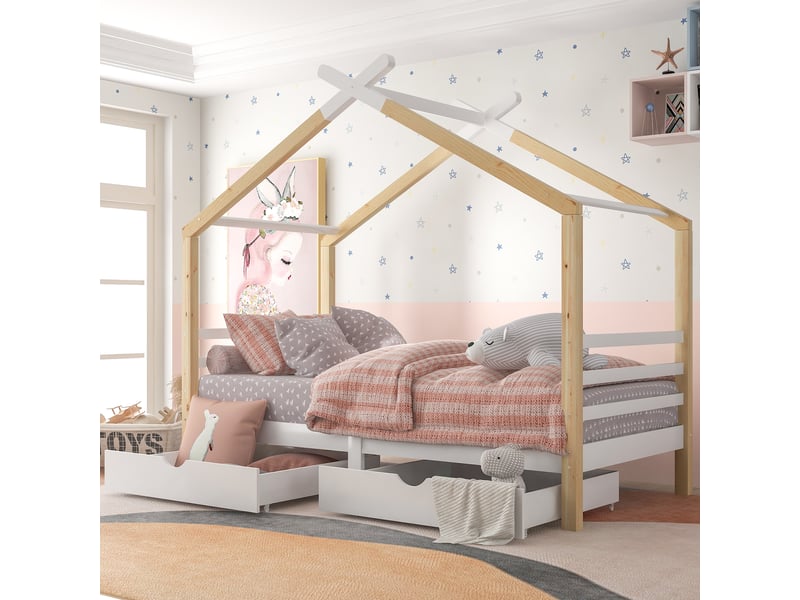  Lit enfant 90x200 cm avec tiroirs – lit cabane montessori – style scandinave – blanc  - Conforama B