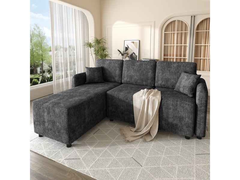 Canapé d'angle en l noir, canapé 3 places tissu chenille avec méridienne, mousse haute densité, pour le salon. - Conforama C