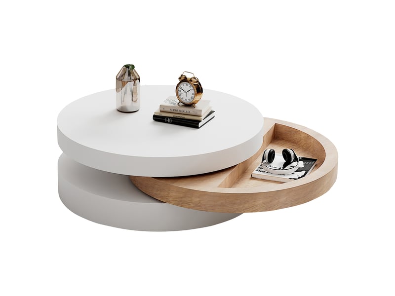  Table basse pivotante 360° table de salon ronde 3 niveaux avec rangement caché extensible 88 cm blanc et bois  - Conforama R