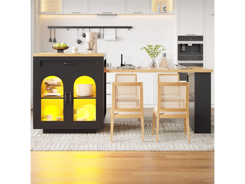  Îlot de cuisine extensible led 126-196x59x94 cm, meuble de cuisine avec 2 tiroirs, étagères réglables, portes en verre cannelé, mdf, noir ABC - Conforama E