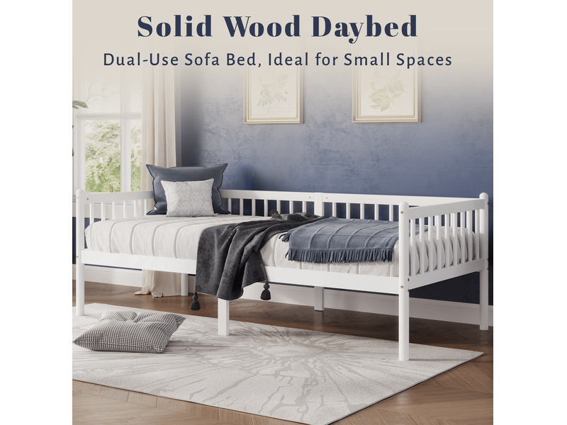  Lit de jour 90x200 cm avec 3 garde-corps et 14 lattes de soutien, cadre en pin massif, couleur blanc  CARDUME ESTIVAL - Conforama W