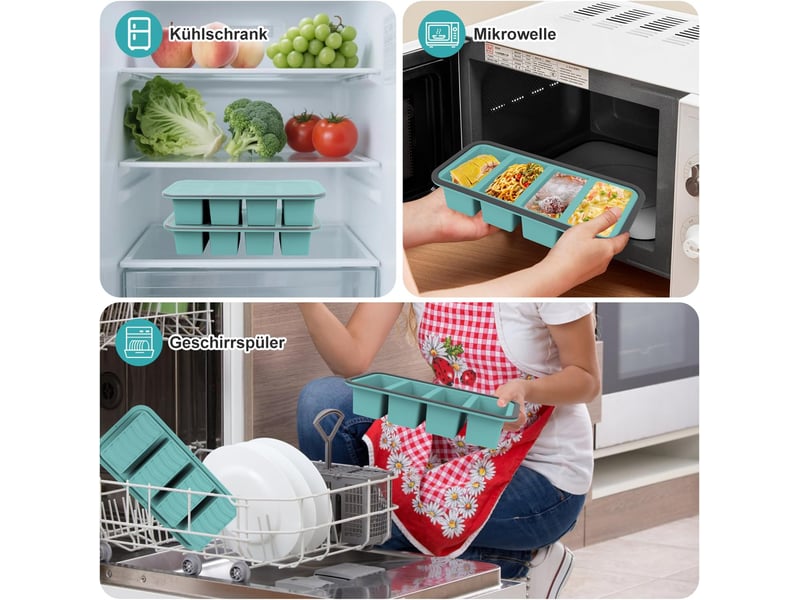 Moule à soupe en silicone avec couvercle, boîte à lunch compartimentée, 4 compartiments, 1000 ml, ensemble de 2 pièces, bleu ZYS01846LHY - Conforama E