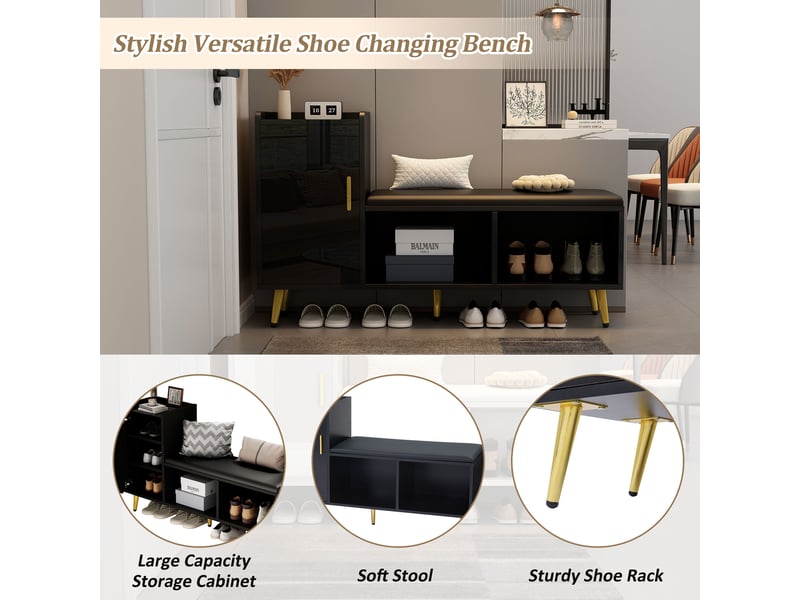  Meuble à chaussures noir brillant avec banc rembourré, rangement 10 paires et étagères réglables pour entrée, 120 cm  - Conforama D