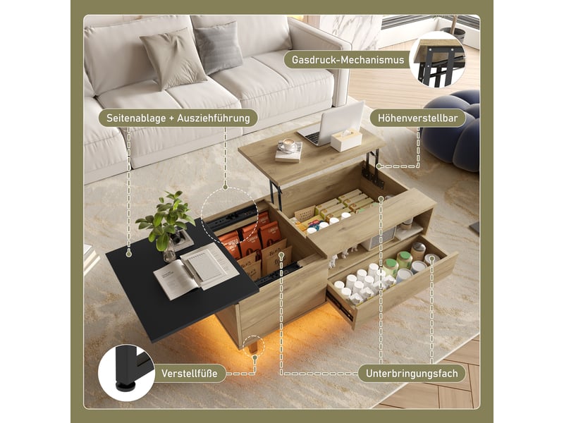 Table basse 103,5x50x27,5 cm avec led, tiroir, rangement caché et plateau réglable, bois d'ingénierie, naturel et noir - Conforama D