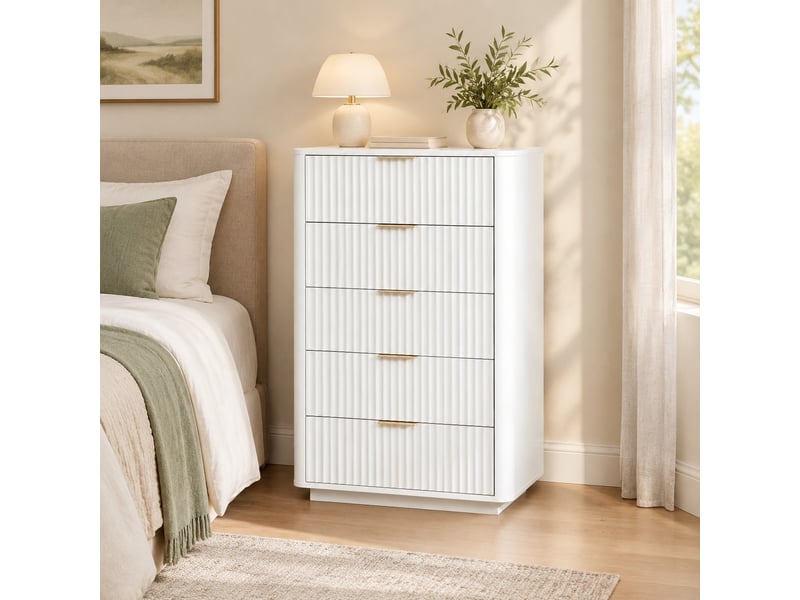  Commode 5 tiroirs à fermeture douce avec poignées métalliques et fixation murale en mdf blanc  - Conforama B