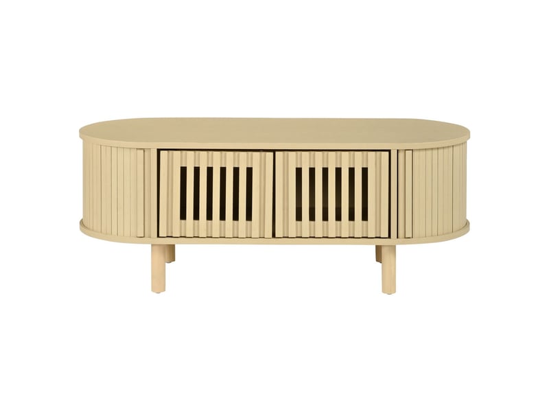 Table basse avec rangement 100 x 40 x 38 cm forme ovale en mdf deux portes à lames et porte à enroulement pieds en bois massif charge maximale de 30 kg teinte bois clair - Conforama A