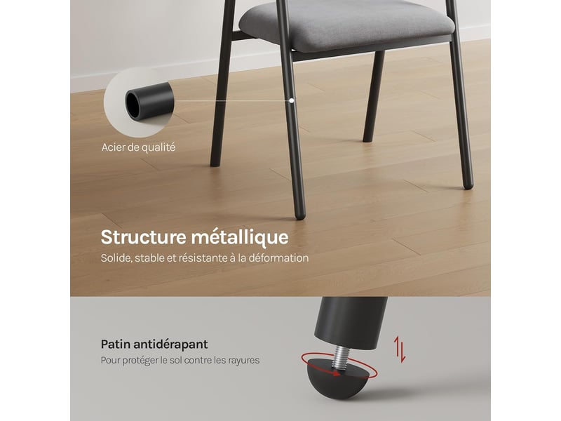  Lot de 2 chaise de salle à manger, gris,en chenille et métal, siège rembourré, dossier et accoudoirs intégrés  - Conforama E