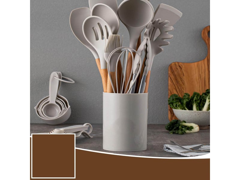  Set de 12 ustensiles de cuisine en silicone et bois kaki avec support chicfurn  - Conforama E