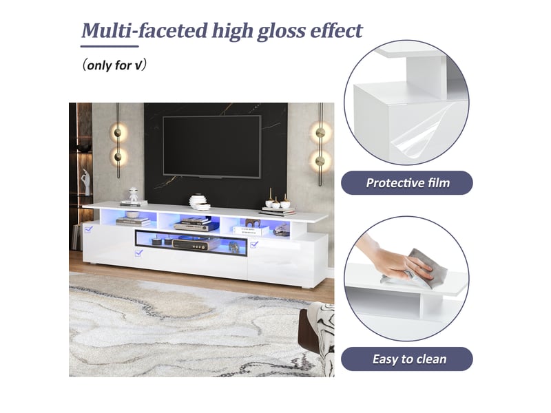  Meuble tv 180x38x45cm, lowboard avec led et 10 étagères, meuble tv haut brillance avec 2 armoires et 1 tiroir, meuble de salon  - Conforama W