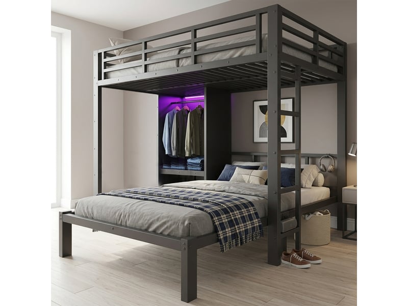  Lit superposé 2 places 120×200 cm avec armoire, led et échelle droite - okmyhome- noir, sans matelas  - Conforama C