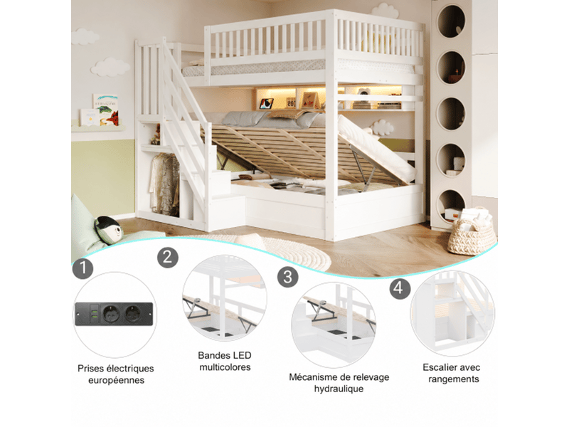  Lit mezzanine 140x200 cm, escalier avec rangement, étagère avec led et prises électriques, barrières, pin et mdf, blanc OMNIGLINT TRADING LTD - Conforama E