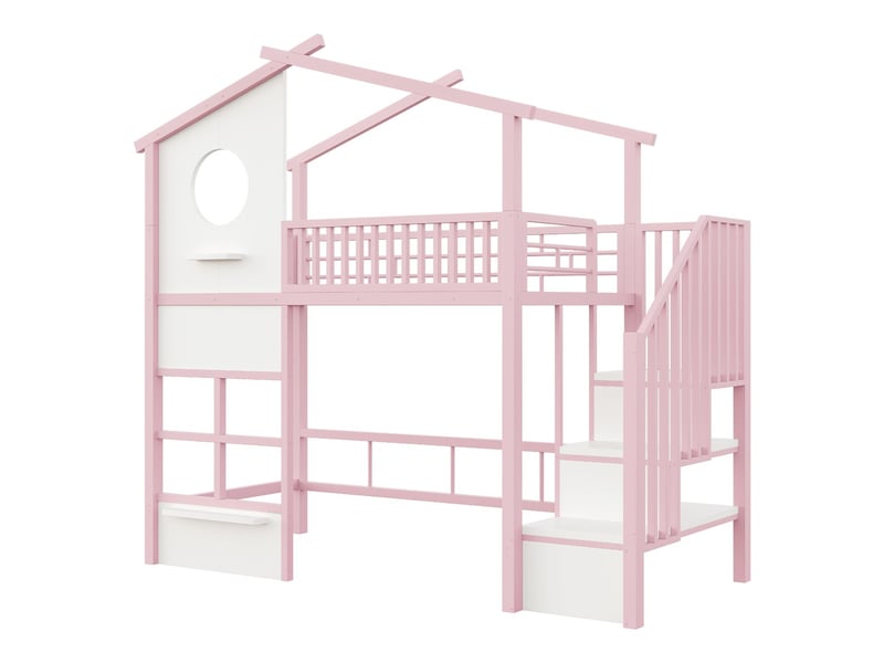  Lit enfant 90 x 200 cm éclairage led lit ado cadre en fer escalier rangement barrière haute coloris rose  - Conforama A
