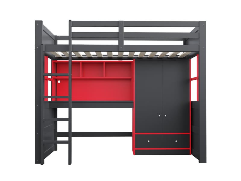  Lit mezzanine 90x200 cm avec bureau et armoire - lit enfant avec rangement, tiroirs et led - noir et rouge  - Conforama R