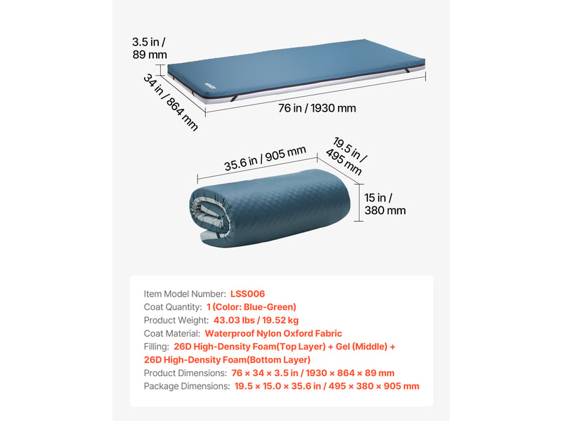  Vevor matelas médical 1 personne, mousse double couche infusée de gel 26d, 193 x 86,4 x 8,9 cm, charge 136 kg, housse oxford imperméable, déhoussable, livré roulé LSS006 - Conforama C