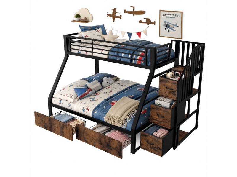  Lit superposé 3 places 90 x 200 + 140 x 200 cm avec escalier, 2 tiroirs, rangements et barrière de sécurité, en métal et mdf noir-brun  - Conforama D