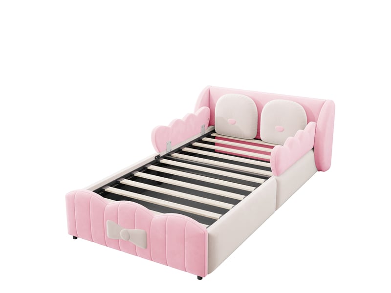  Lit simple capitonné enfant 90x200 cm,lit rembourré coffre hydraulique,velours,rose-tête de lit en ailes,2 coussins décoratifs  - Conforama D