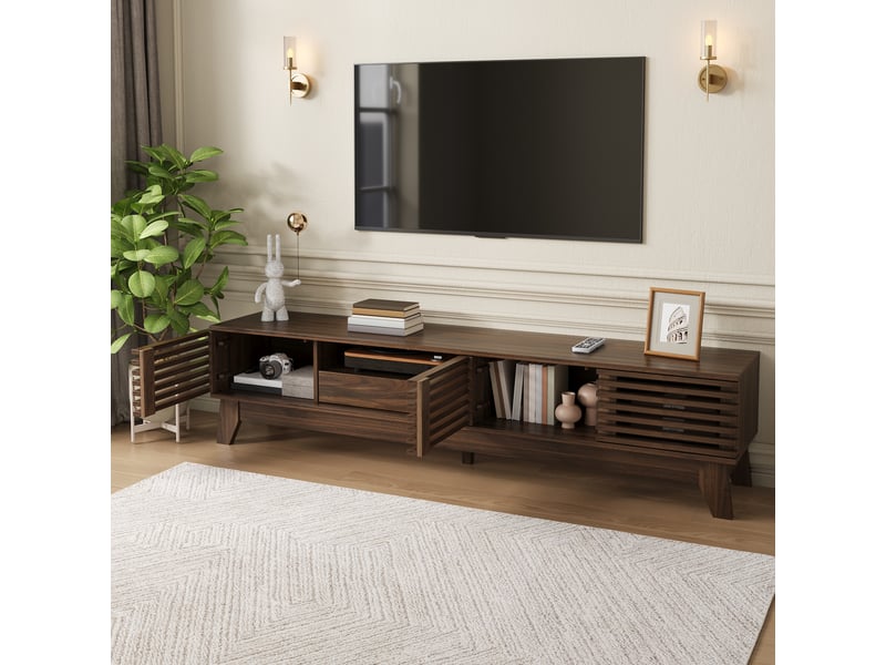  Meuble tv bas 170 cm, finition noyer, avec façades rainurées  - Conforama D