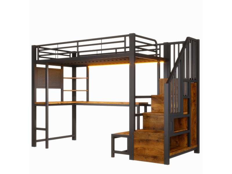  Lit mezzanine 90x200 cm noir avec bureau, rangements, led, usb et usb-c, pour chambre enfant, sans matelas  - Conforama A
