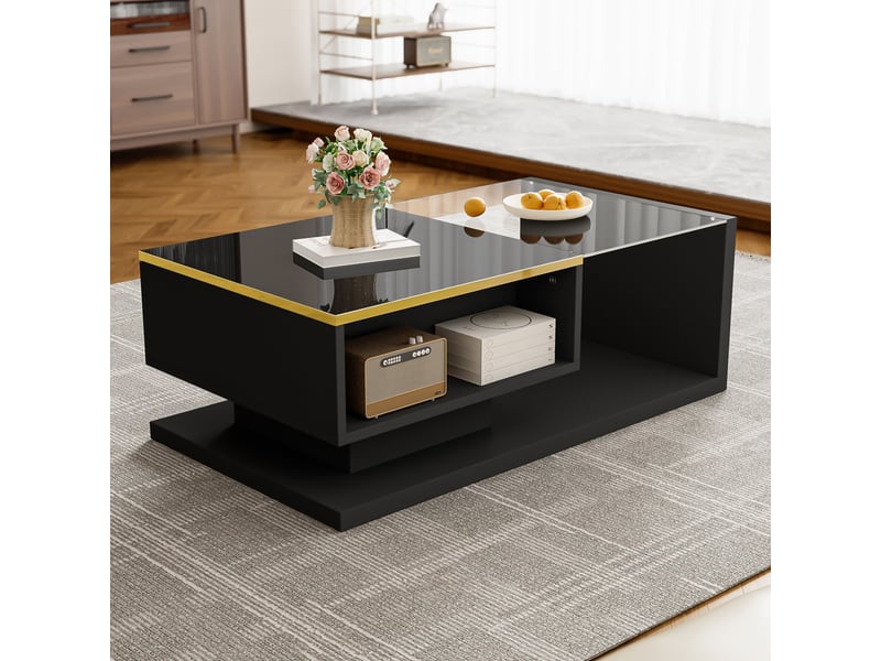  Table basse élégante 90x50x32,5cm , led 16 couleurs, haute brillance, verre+panneaux de particules, noir  - Conforama B