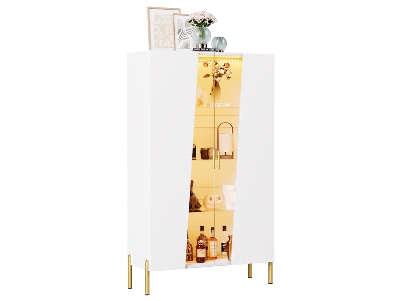  Vitrine led avec porte vitrée asymétrique, 3 étagères en verre, pieds métal, pour salon et salle à manger, blanc  - Conforama A