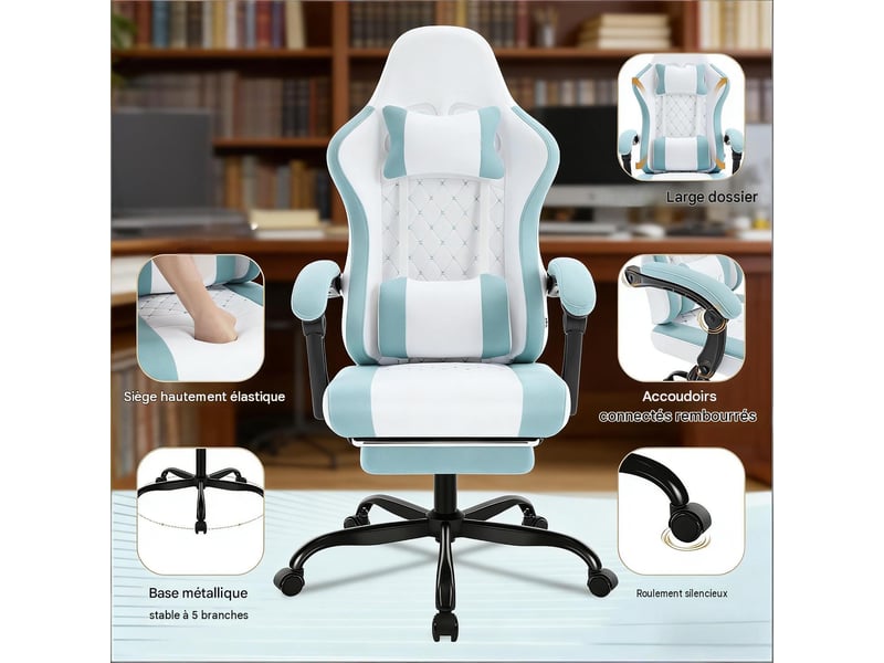 Fauteuil de bureau gaming massant en tissu mesh bleu et blanc 70x70x127 cm T5828P490224 - Conforama D