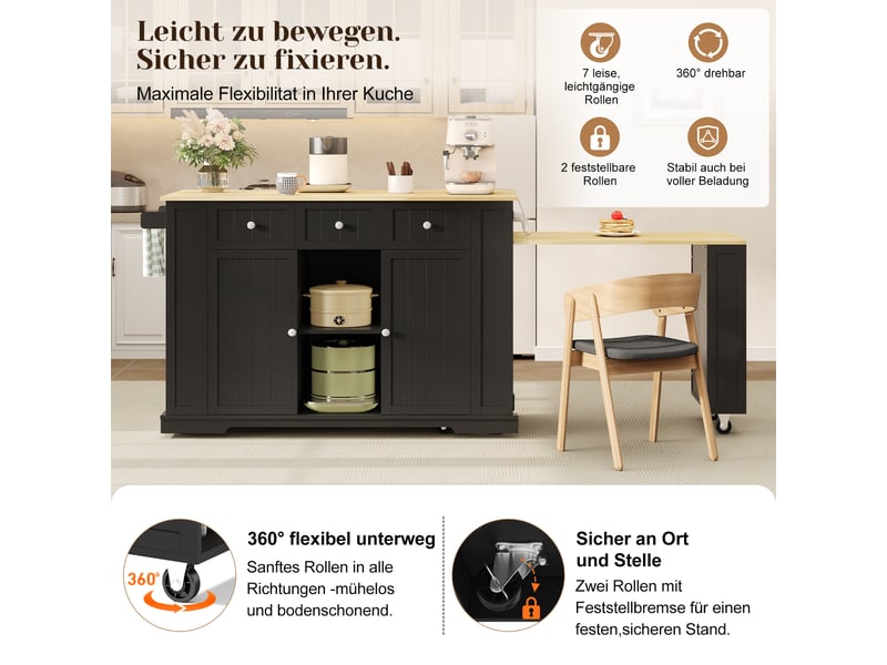  Îlot de cuisine mobile noir et bois naturel en mdf, table extensible, prise intégrée, roulettes, 138 (213) × 55 × 93 cm  - Conforama C