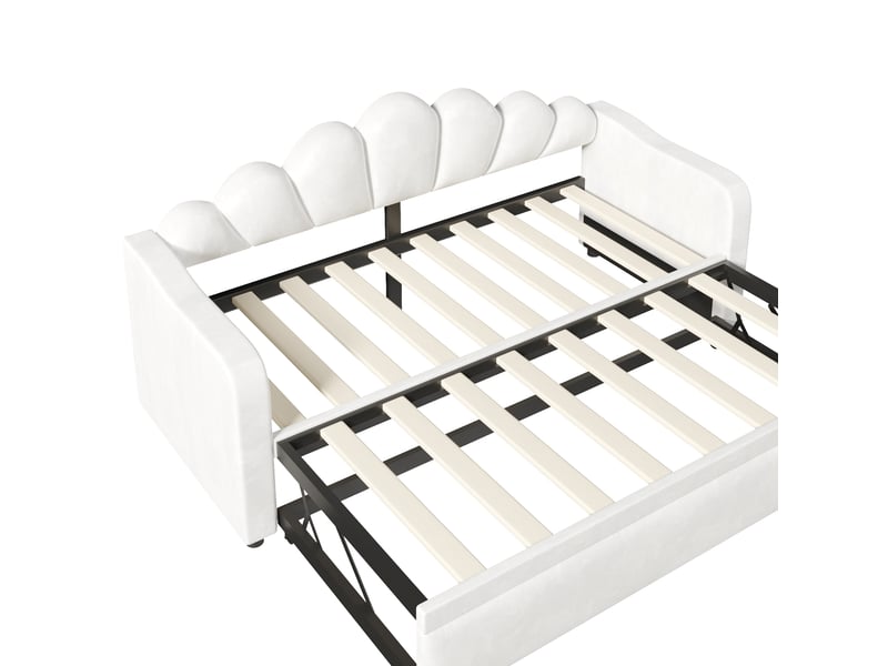  Lit gigogne multifonctionnel 90x200 cm led, lit enfant, lit simple avec tête de lit, mdf, velours blanc sans matelas  - Conforama E
