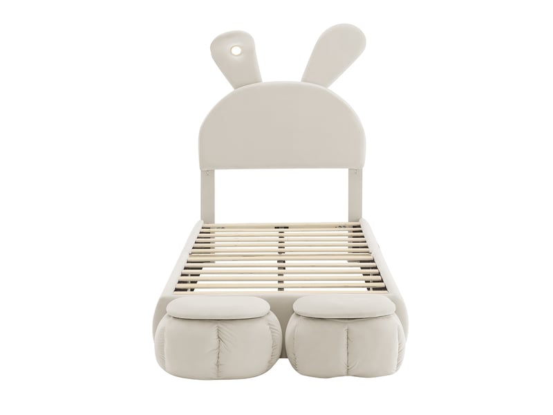  Lit enfant 90x200 cm, lit simple avec tête de lit oreilles de lapin et led réglable, structure en bois et velours avec 2 poufs de rangement, beige  - Conforama D