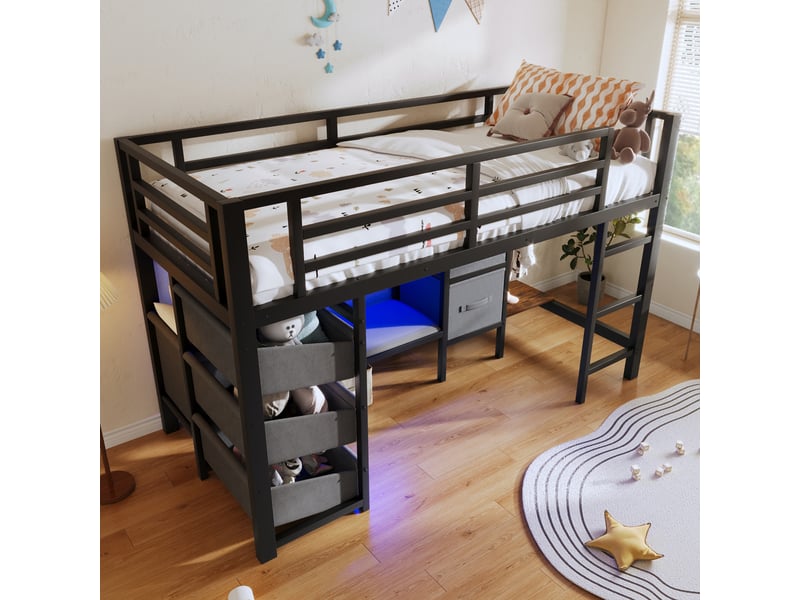  Lit mi-hauteur 90 x 200 cm en métal noir avec éclairage led multicolore et rangements  - Conforama E