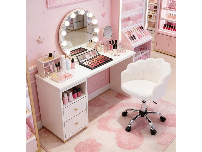 Chaise de bureau fleur avec hauteur réglable et roulettes en tissu cachemire, crème blanc - Conforama C