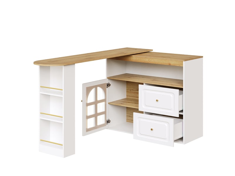  Buffet pivotant 360° blanc - 138-204x39x104 cm, rangements et porte vitrée courbée, design moderne  - Conforama A