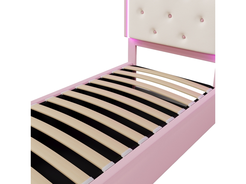  Lit coffre enfant 90x200cm avec led, rangement, style princesse, sommier, pu+mdf, rose, sans matelas  - Conforama R