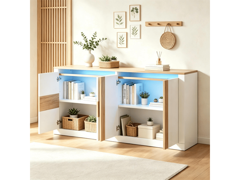 Buffet led 140 cm blanc brillant et chêne, meuble de rangement 4 portes mdf - Conforama W