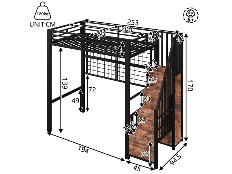  Lit mezzanine 90x200 cm avec échelle armoire, éclairage led 7 couleurs en métal noir  - Conforama E
