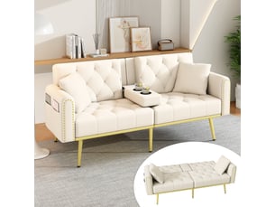 Canapé convertible 2 places avec dossier réglable, porte-gobelet et poche latérale en velours beige 175 × 80 × 73,5 cm