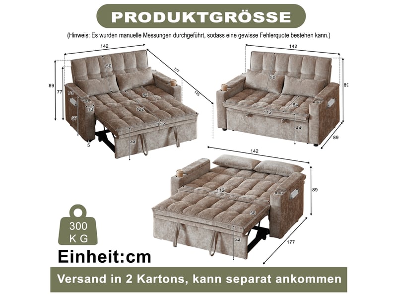 Canapé convertible 2 places en tissu marron avec rangements, porte-gobelets et couchage d'appoint pratique - Conforama C