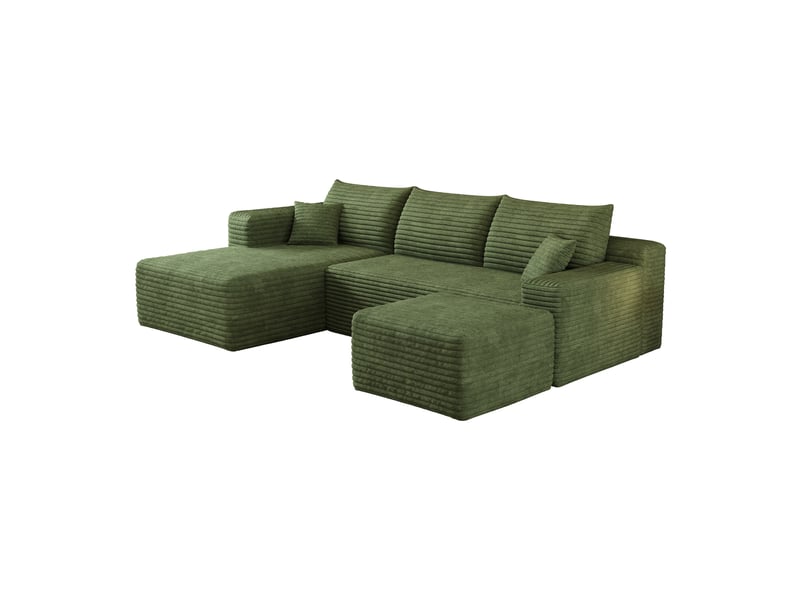 Canapé d’angle vert 4 places en velours côtelé, canapé moderne 241 cm avec méridienne pour salon, assise profonde et confortable - Conforama A