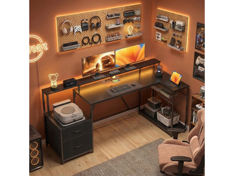  Bureau d'angle gaming avec station de charge, éclairage led et support pour écran, en bois et acier, 192,5 x 80 x 86,5 cm, noir  - Conforama B