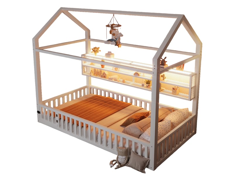 Lit enfant 90x200 cm - lit simple cabane avec barrières de sécurité et led, sans matelas - métal blanc  - Conforama A