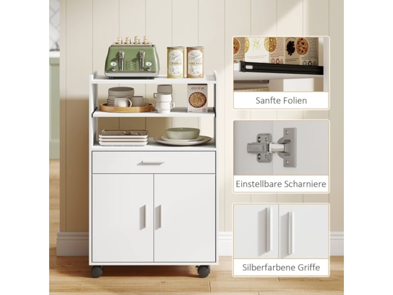 Meuble micro-ondes blanc, étagère, 2 portes, tiroir et roulettes, rangement cuisine mobile moderne - Conforama B