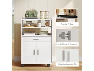 Meuble micro-ondes blanc, étagère, 2 portes, tiroir et roulettes, rangement cuisine mobile moderne