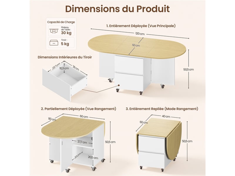  Table basse extensible 3-en-1 4080120x60x50,5 cm avec roulettes et rangement 616416 White/Oak - Conforama C